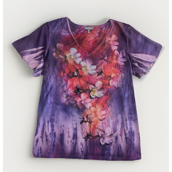 Essentials Tops - Essentials Plus Size 2X Purple Floral V-Neck Top Glitter Rhinestone Fairycore
